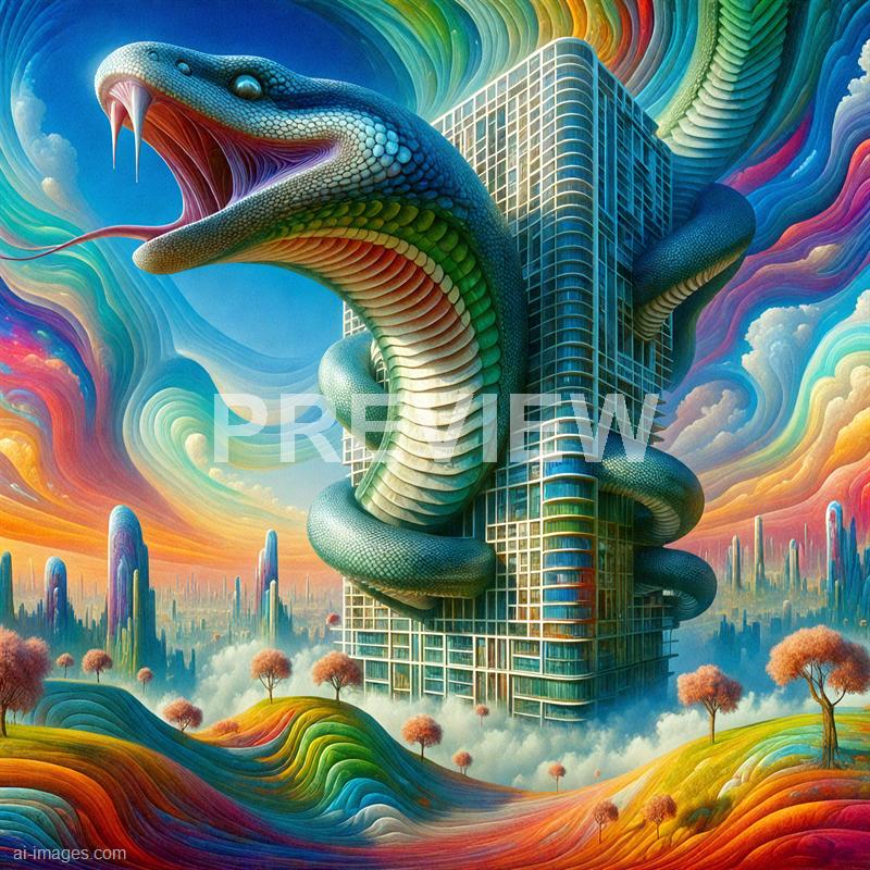 The image depicts a surreal scene of a towering modern glass building intertwined with a giant, colorful snake that wraps around its structure. The snake has vibrant, iridescent scales and a wide-open mouth, revealing sharp fangs and a long tongue, set against a swirling, rainbow-colored sky. The foreground features rolling hills with pink, orange, and green trees, contributing to the fantastical and dreamlike atmosphere.